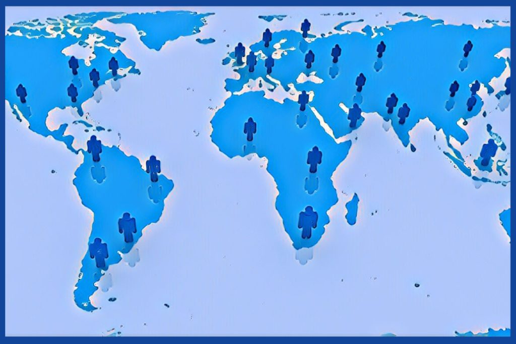 Global map with icons of personnel throughout. 