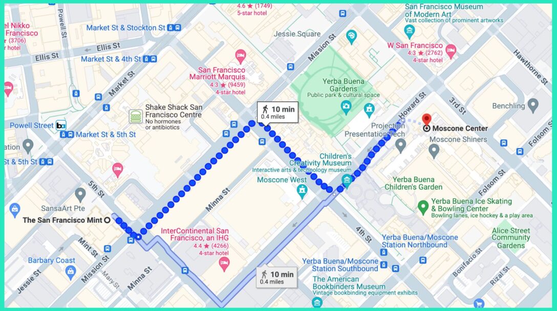 How to walk from OpsStars at the San Francisco Mint to Dreamforce at the Moscone Center.