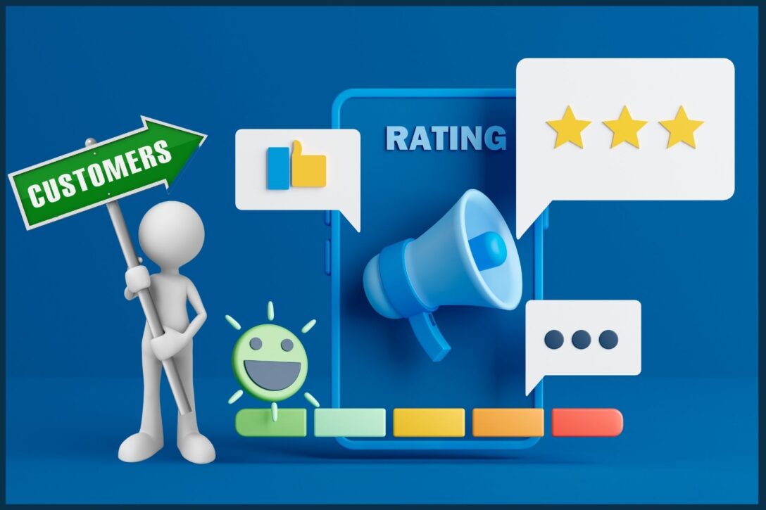 review stars, a megaphone and customer rating chart