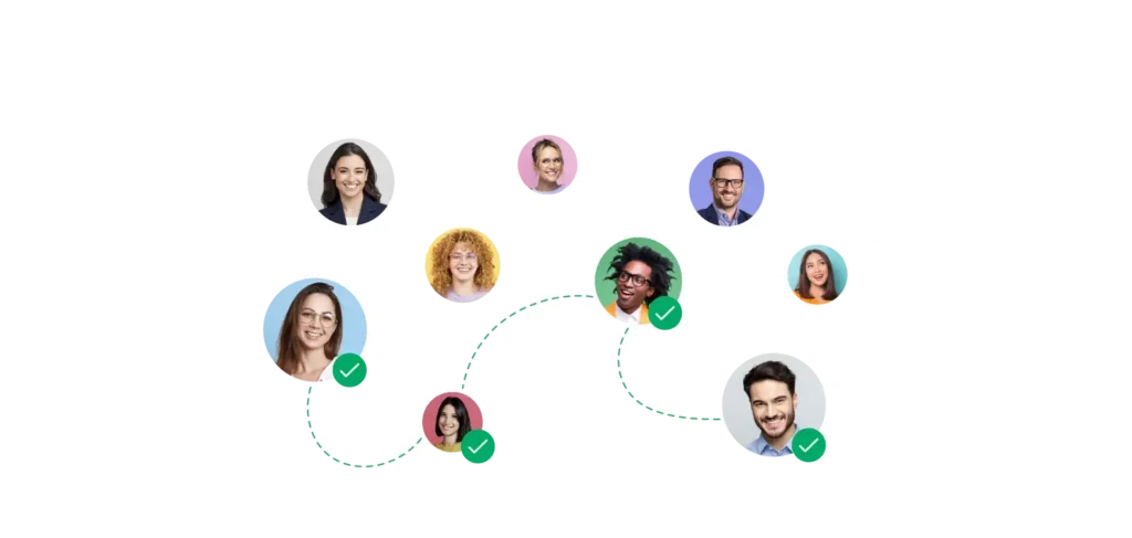 headshots of working professionals connected on a map of the world