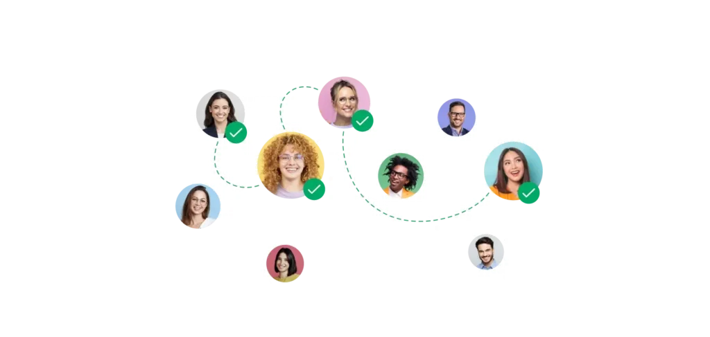 headshots of working professionals connected on a map of the world