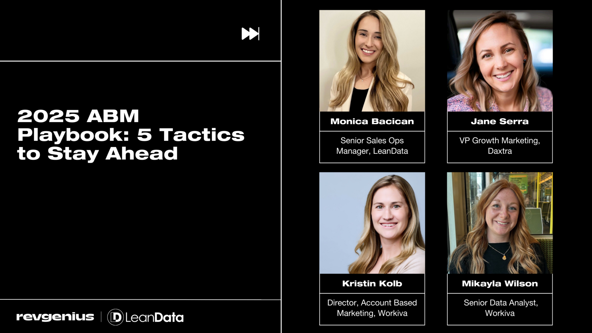 Black background, four photos of Monica Bacican (Sr sales ops manager at Leandata), Jane Serra (VP Growth Marketing at Daxtra), Kristin Kolb (ABM Director at Workiva) and Mikayla Wilson (Sr Data Analyst at Workvia). Title says 2025 ABM Playbook: 5 Tactics to Stay Aead