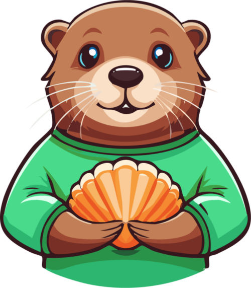 Otto, the automation otter who is wearing a green sweater and holding an orange shell.