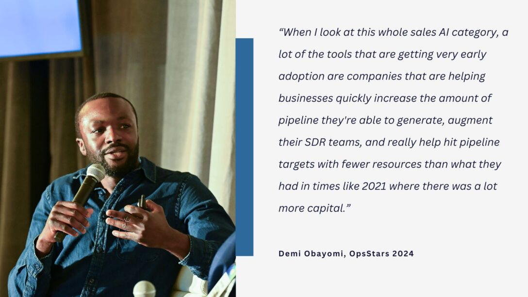 Demi Obayomi of Sapphire Ventures speaking at OpsStars 2024 about AI Sales Tools