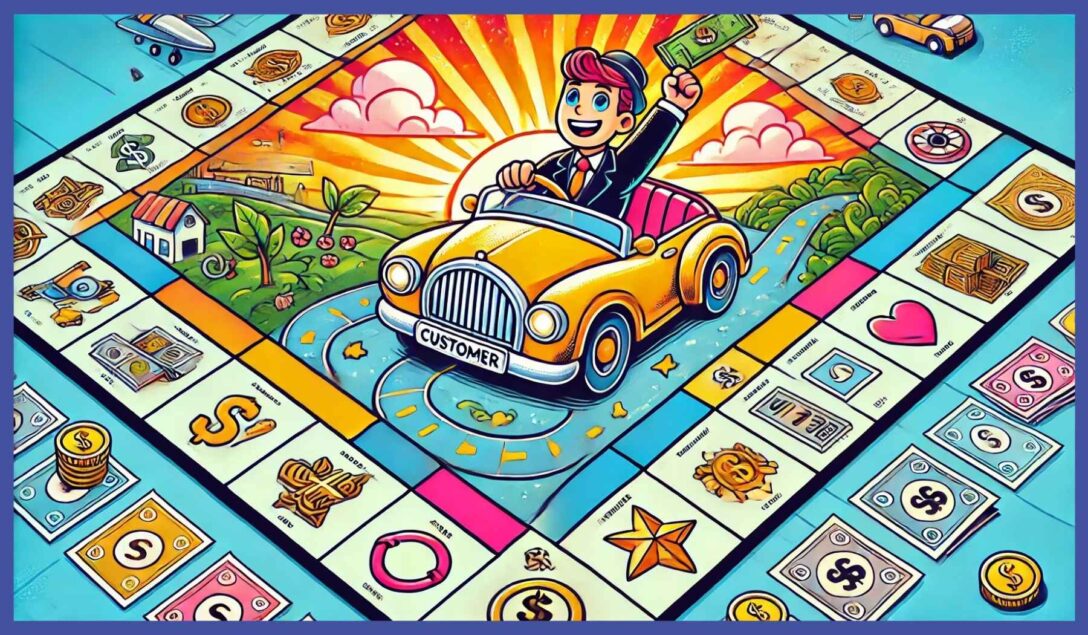 Happy LeanData customer represented by a monopoly character riding in a cartoon car