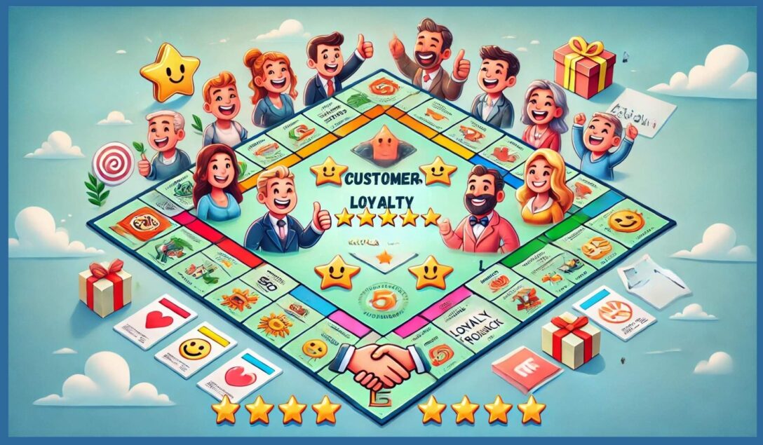 a cartoon-style monopoly board representing post-sales operations supporting customer loyalty