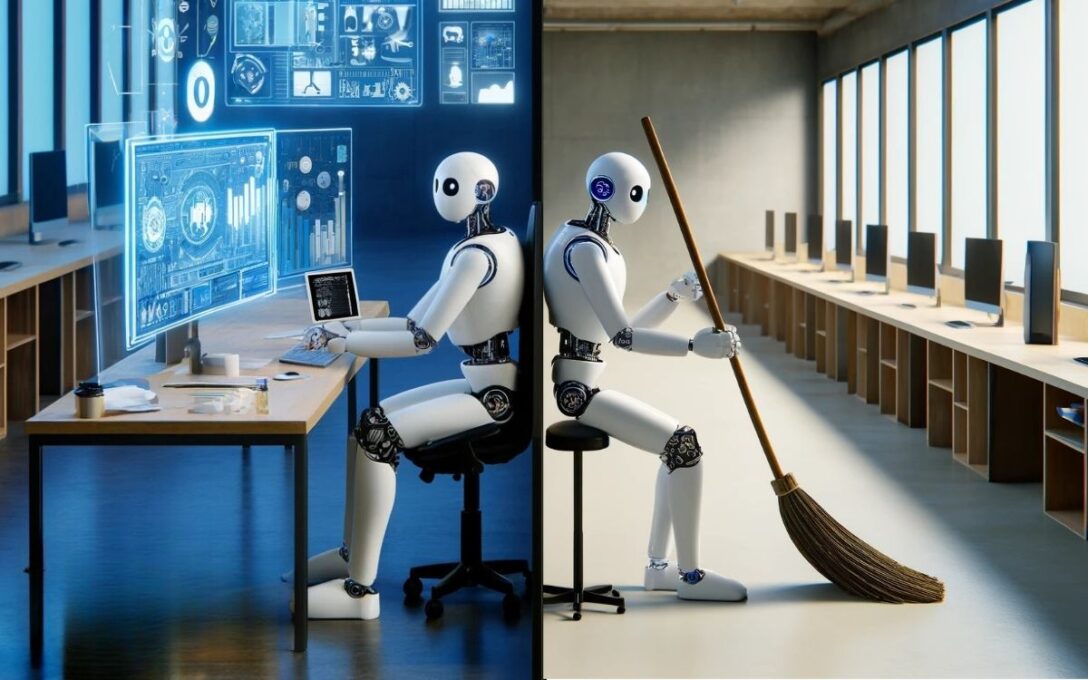 LeanData vs. Sweep represented by white robots in a modern office and empty office