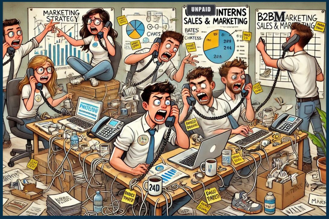 a cartoon of unpaid interns running a b2B sales and marketing team