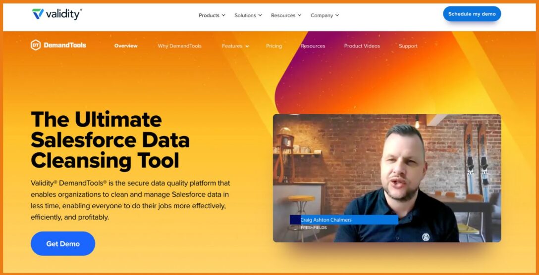 An orange and yellow product page of the SaaS software DemandTools made by Validity