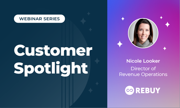 blue rectangle with a photo of a smiling woman and the title of the customer spotlight webinar