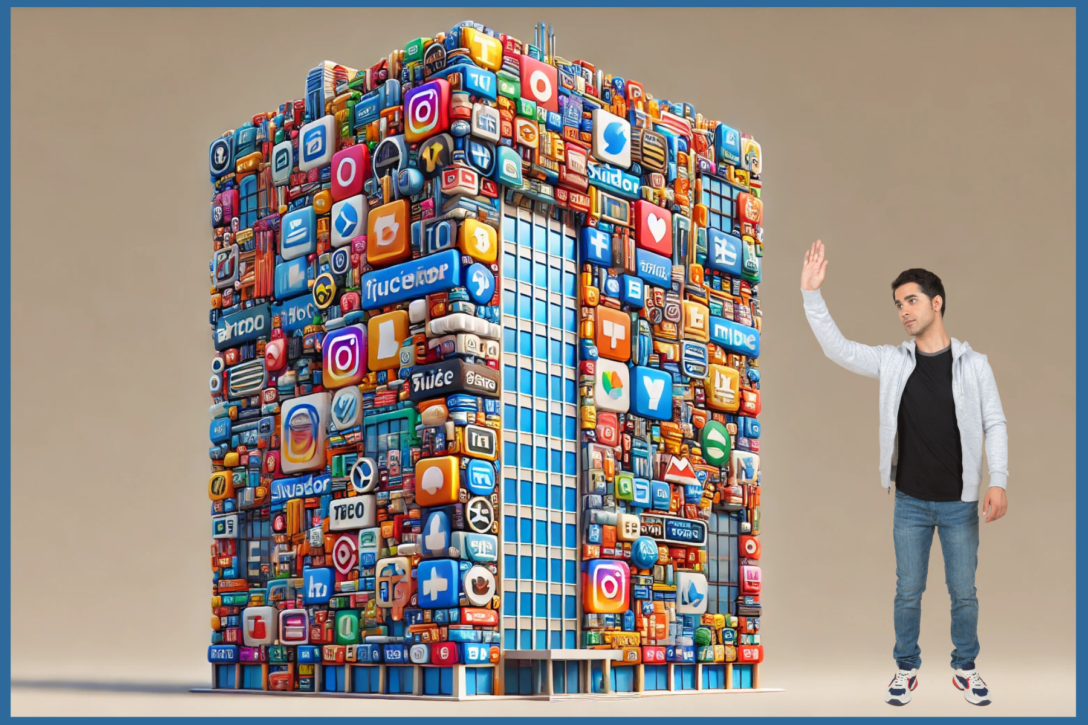 3D office building covered in SaaS logos and a man standing next to the building waving goodbye