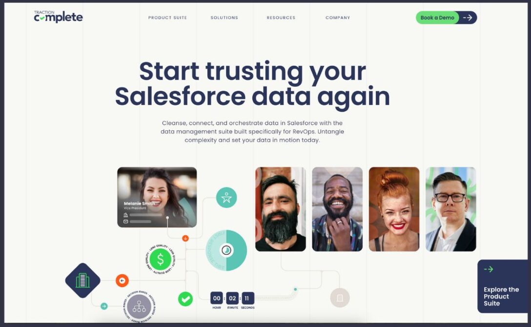 Headshots of men and women smiling on a product page for Traction Complete software