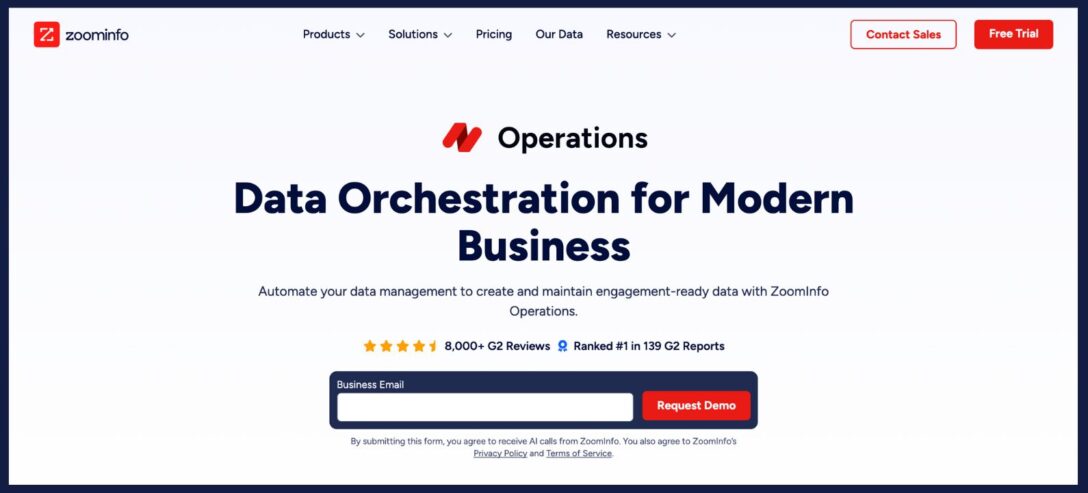 white product page on the ZoomInfo website with a demo request form fill